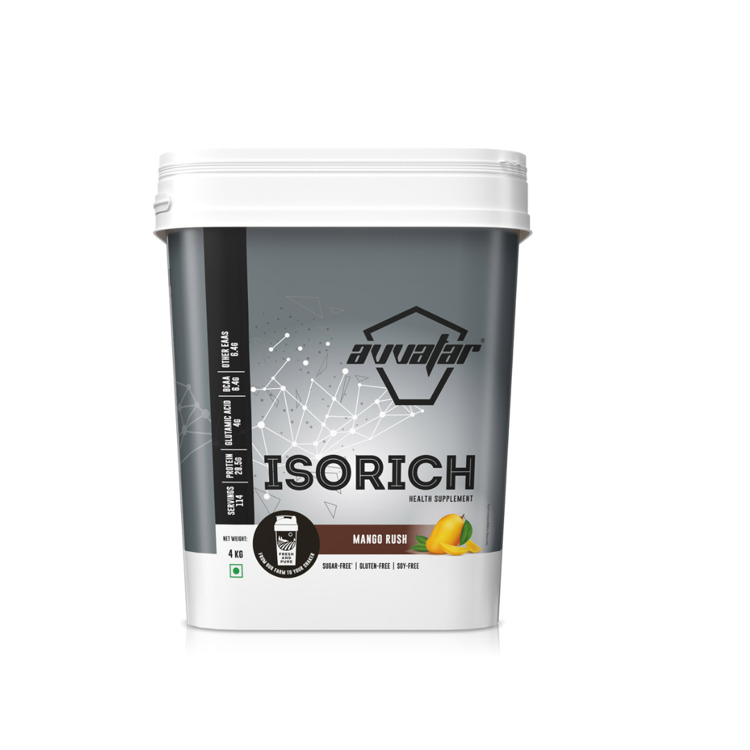 Container of Avvalar Isorich supplement with mango flavor on a white background
