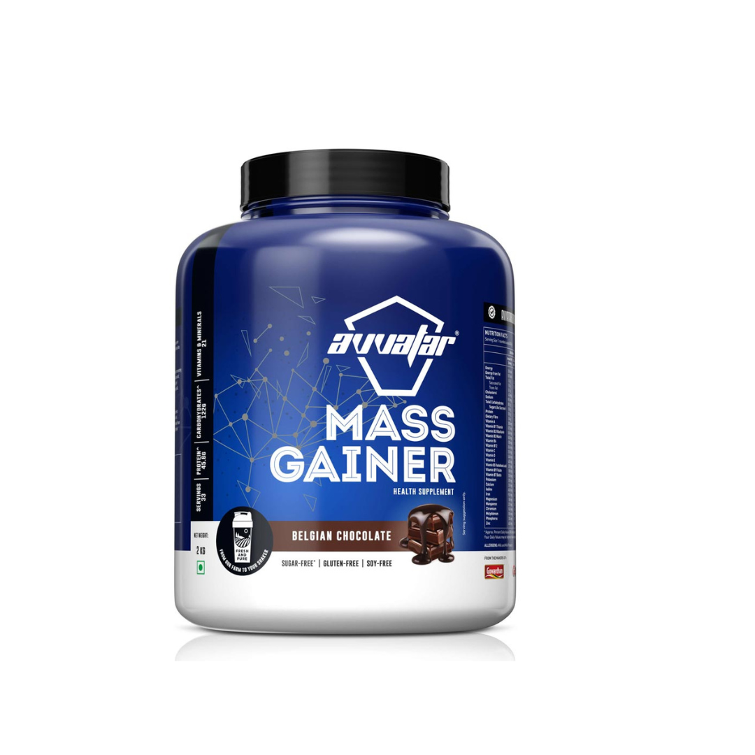 Mass gainer supplement container with blue label on a white background