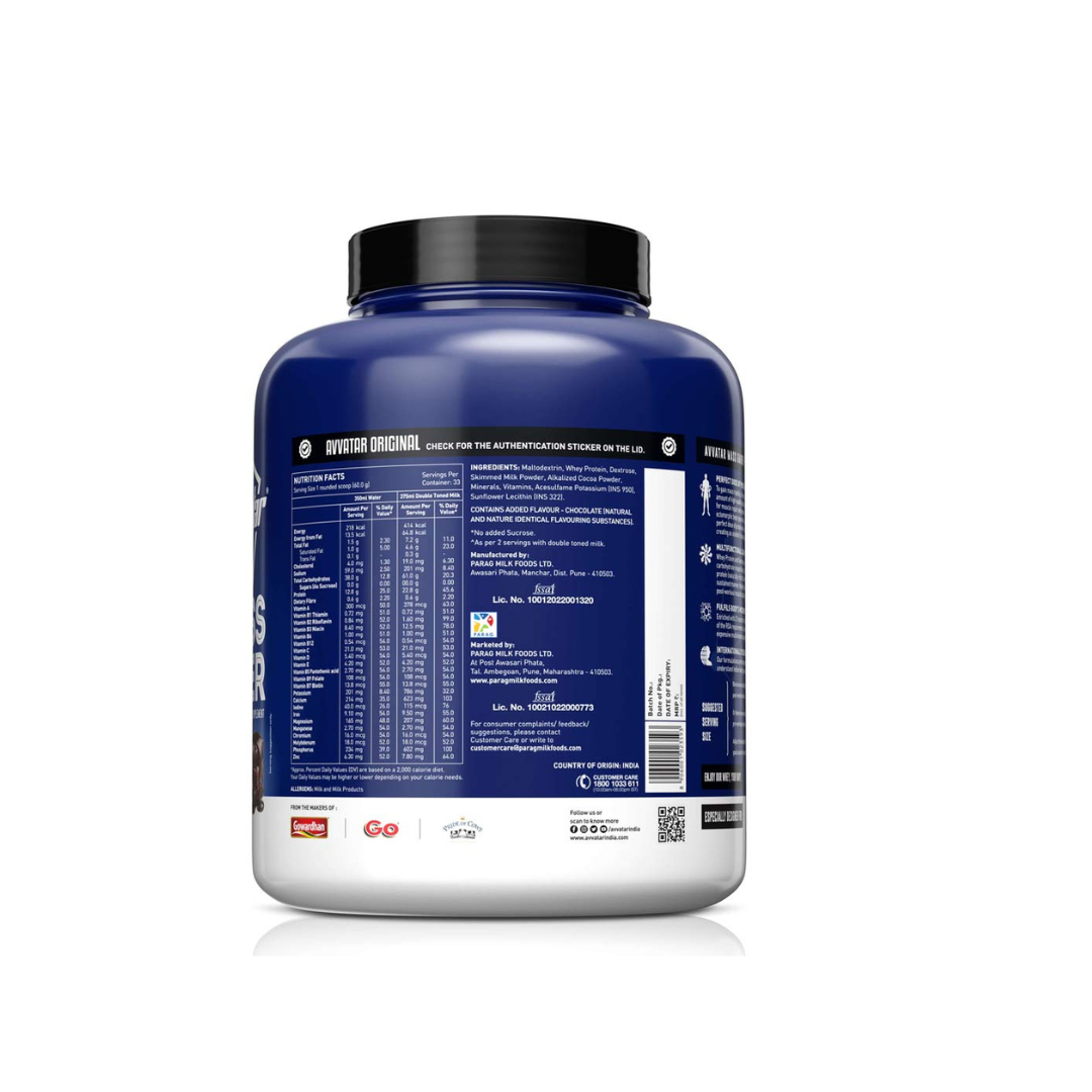 Blue protein powder container with a white label on a white background