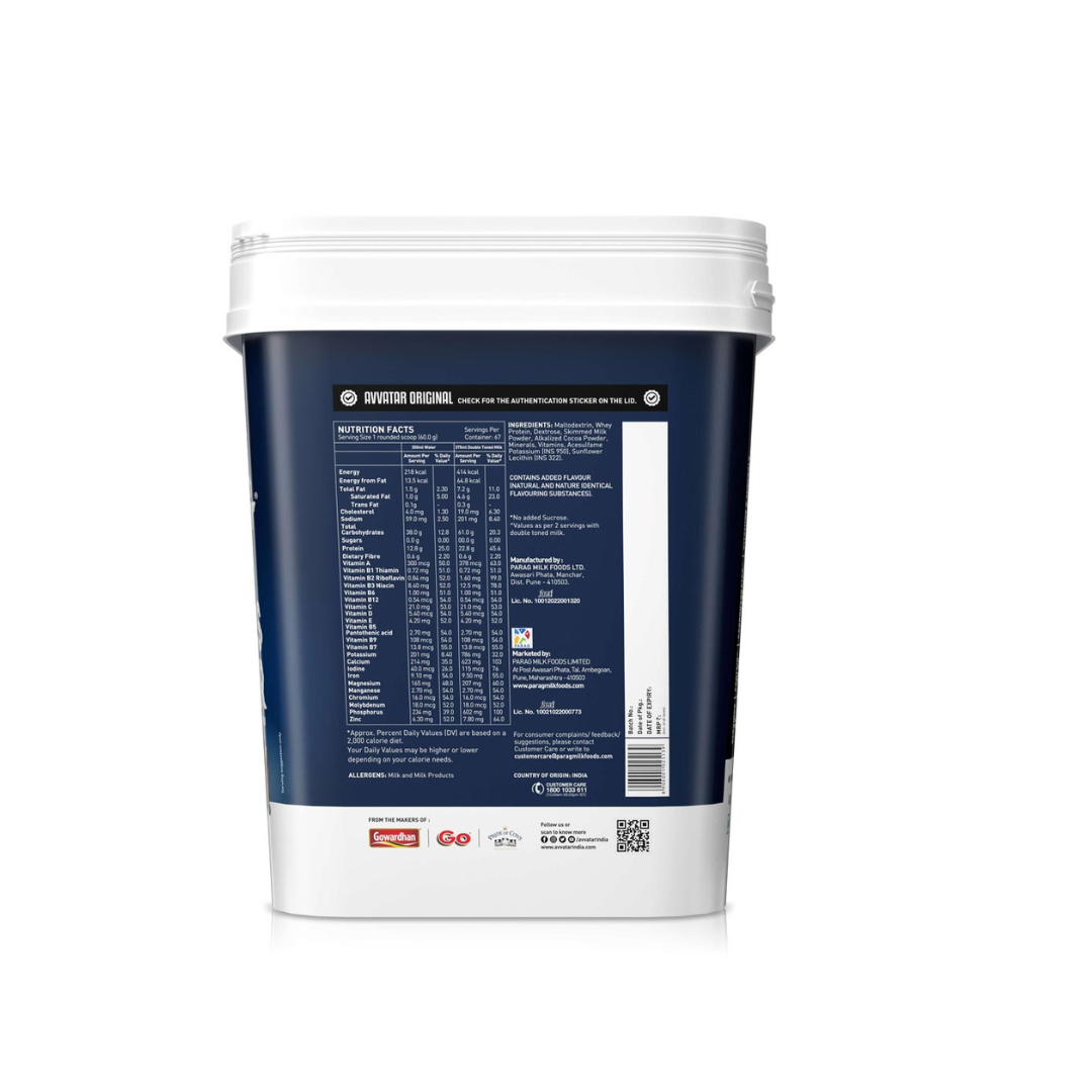 Back view of a protein powder container with nutritional information on a white background