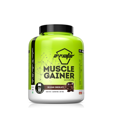 Green and black container of Avvaar Muscle Gainer on a white background