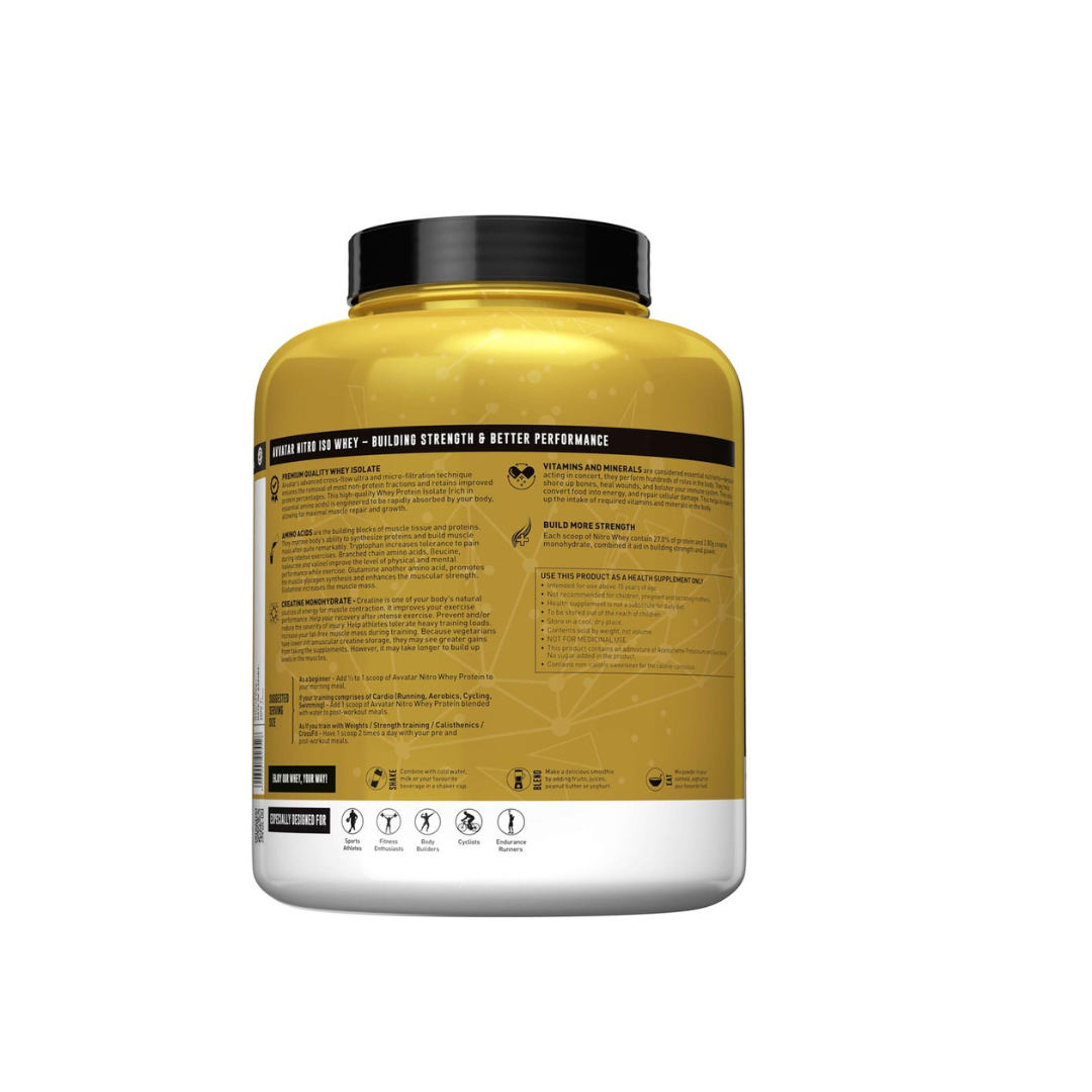 Yellow protein supplement container with black lid on a white background