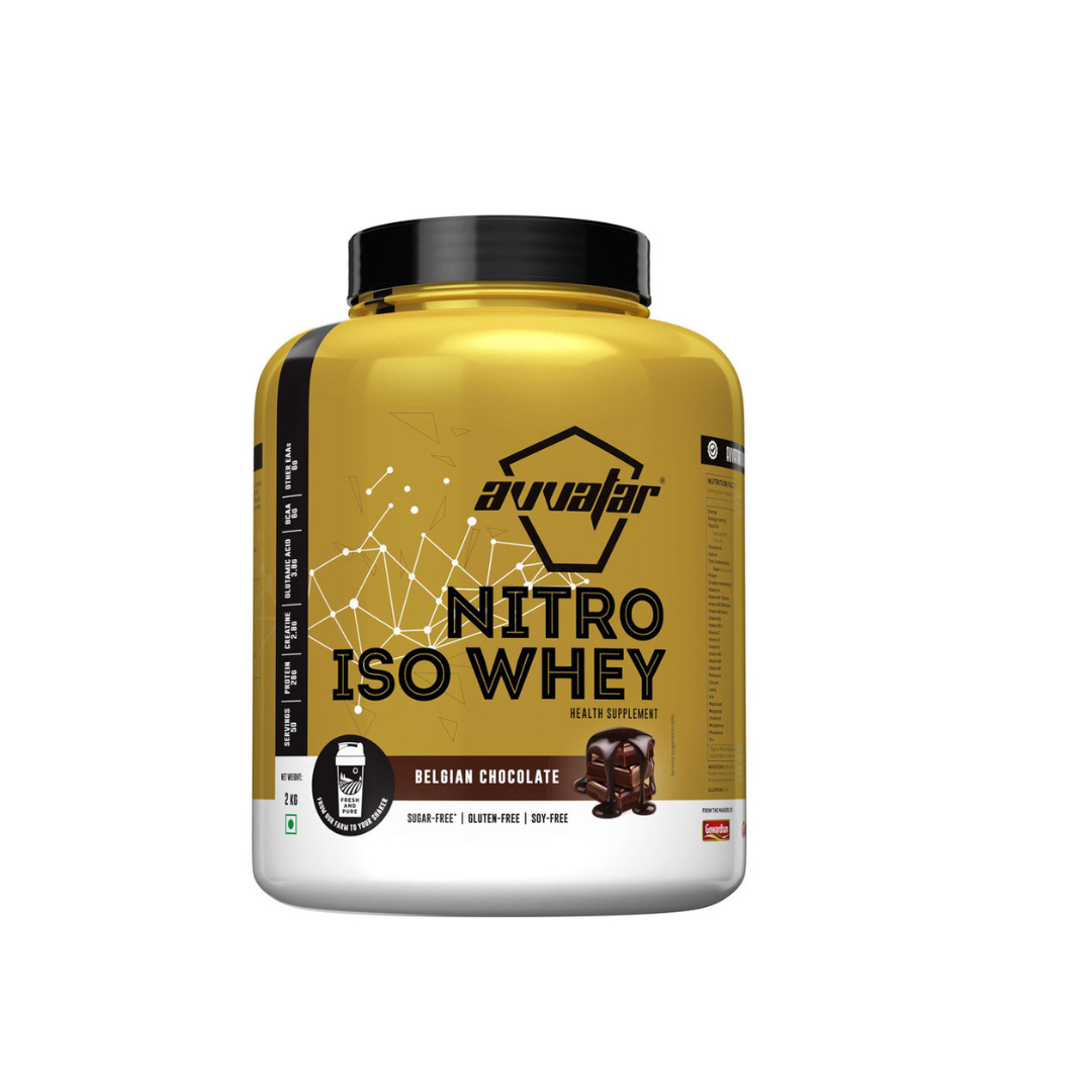 Yellow and white container of Avvaar Nitro ISO Whey protein powder on a white background