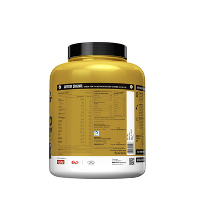 Yellow protein supplement container with black lid on a white background