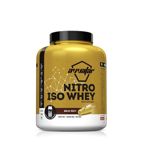 Yellow supplement container labeled 'Nitro ISO Whey' on a white background