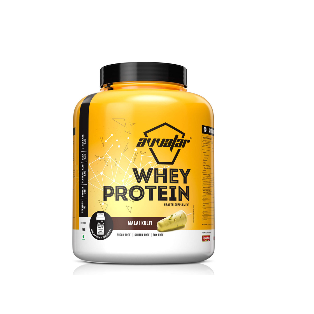 Avvatar Whey Protein container with yellow label on a white background | pure sure supps