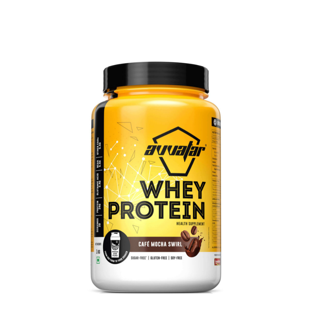 Yellow and white protein supplement container with black lid on a white background