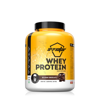 Yellow and black protein supplement container with brand logo on a white background