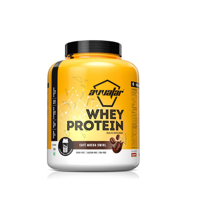 Yellow and black protein supplement container on a white background