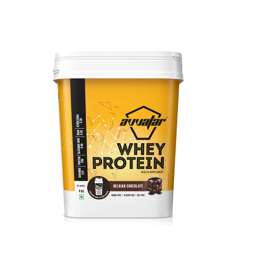 Avvafar whey protein container with yellow and white design on a white background