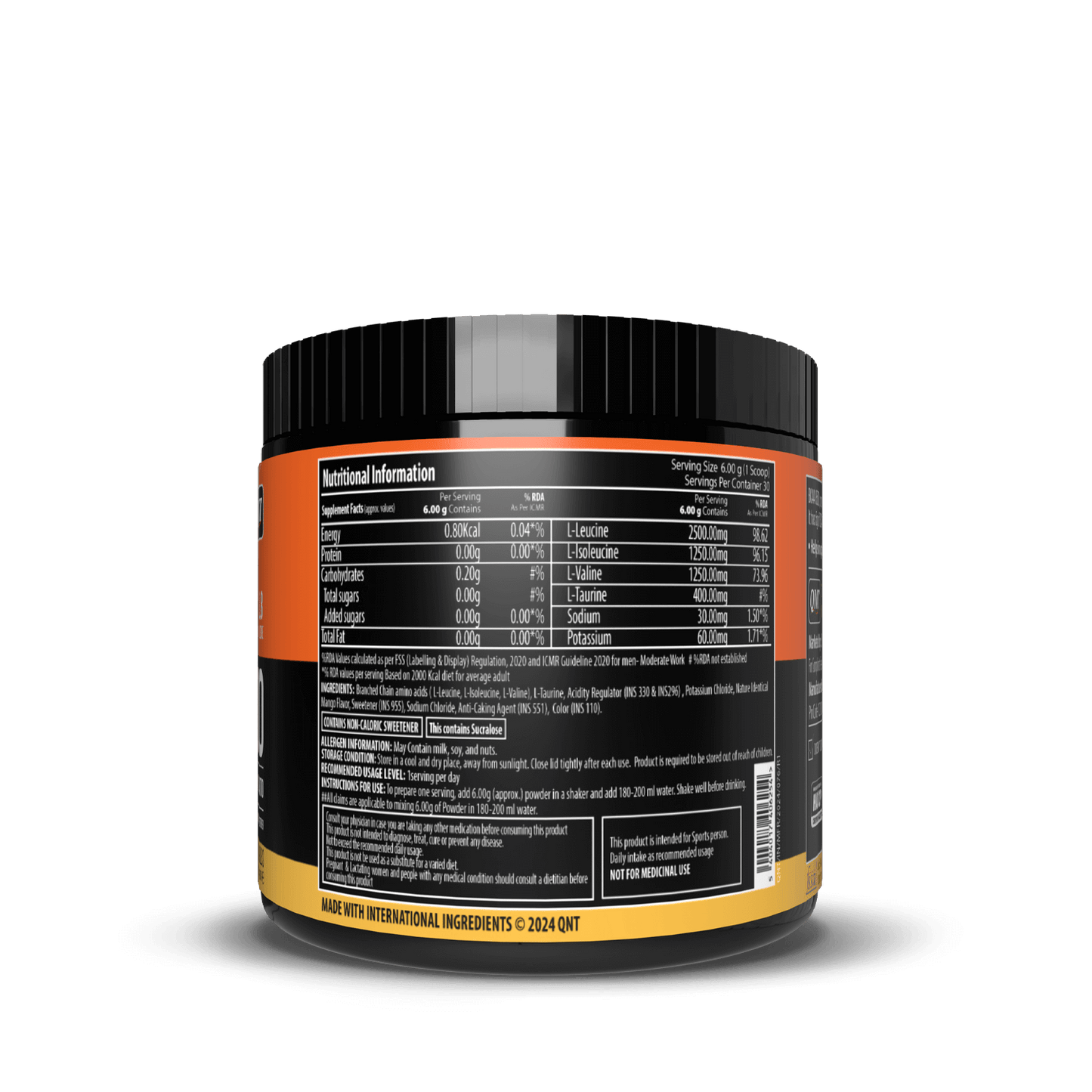 Supplement container with nutritional information label on a black background