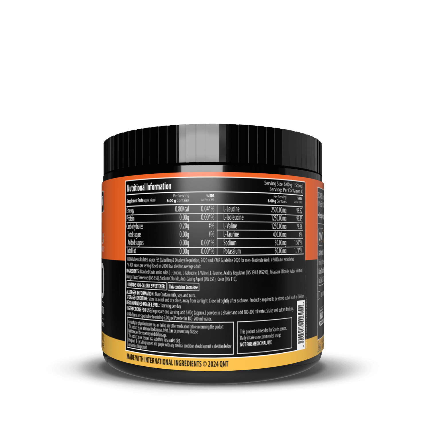 Supplement container with nutritional information label on a black background