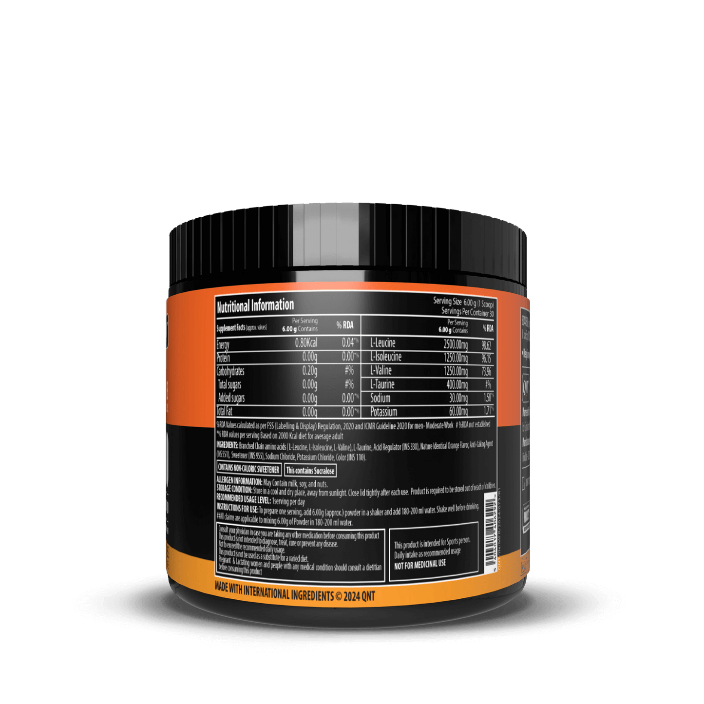 Supplement container with nutritional information label on a black background