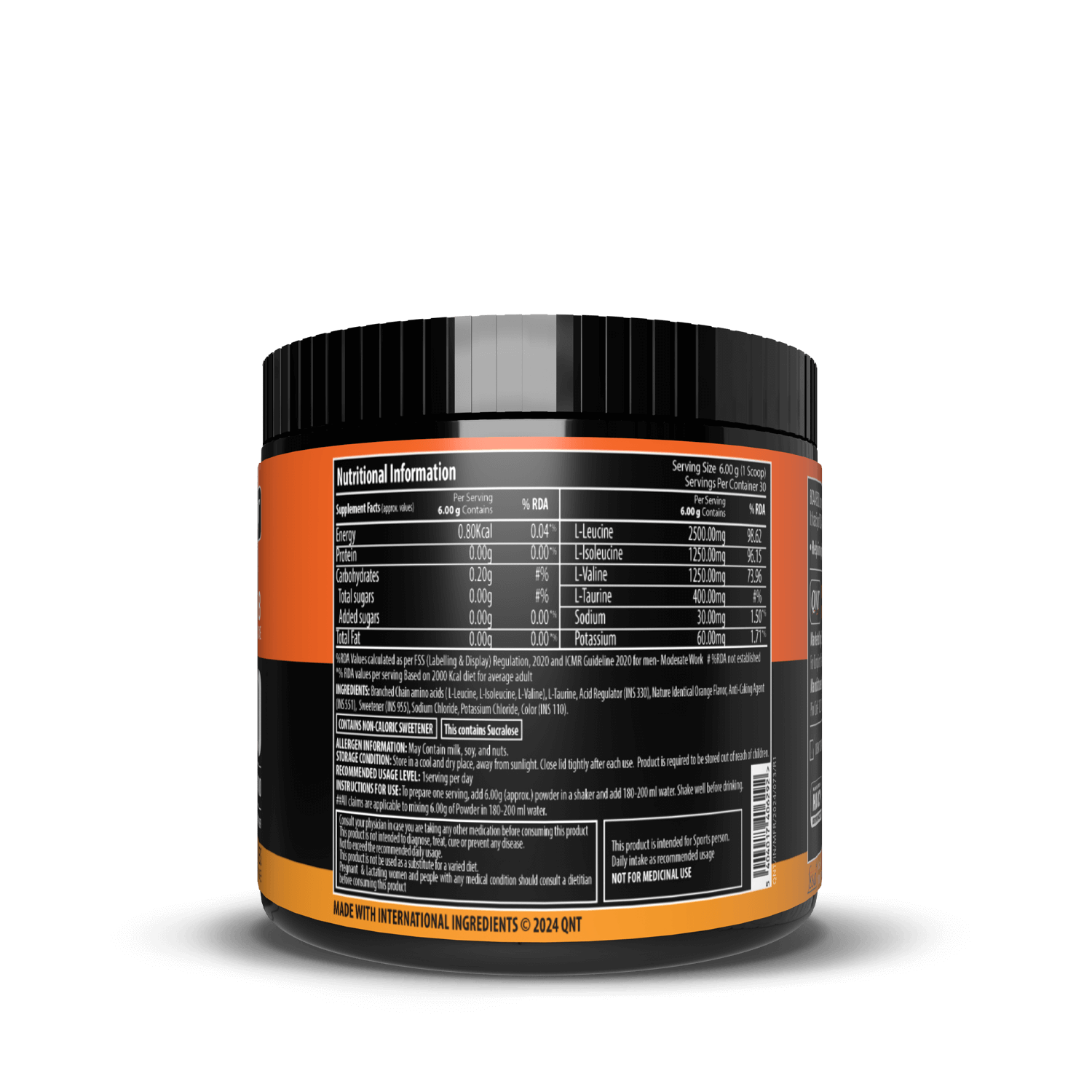 Supplement container with nutritional information label on a black background