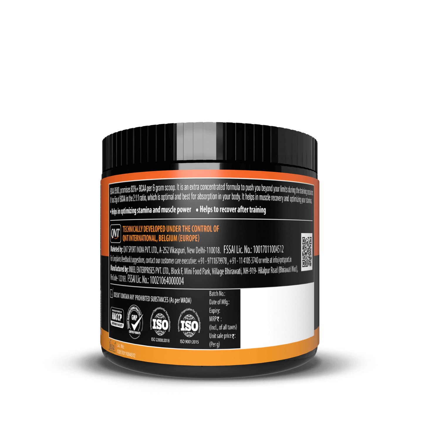 Supplement container with a black and orange label on a white background
