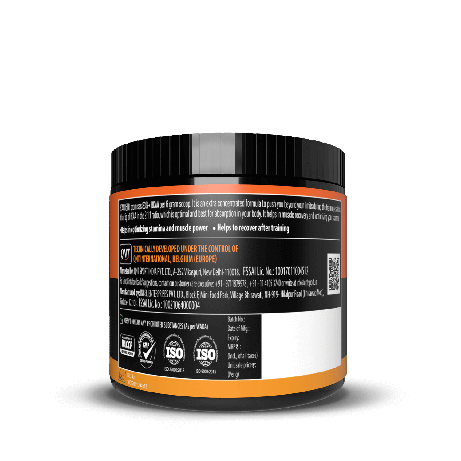 Supplement container with a black and orange label on a white background