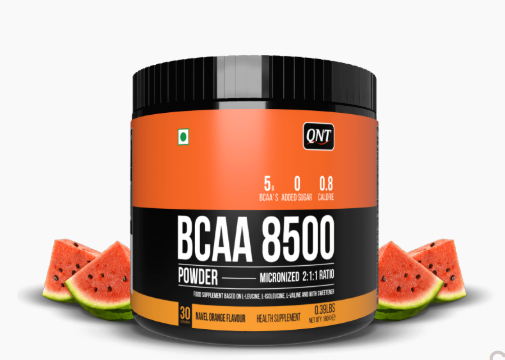QNT BCAA 8500 powder container with watermelon slices on a white background