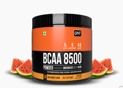 QNT BCAA 8500 powder container with watermelon slices on a white background