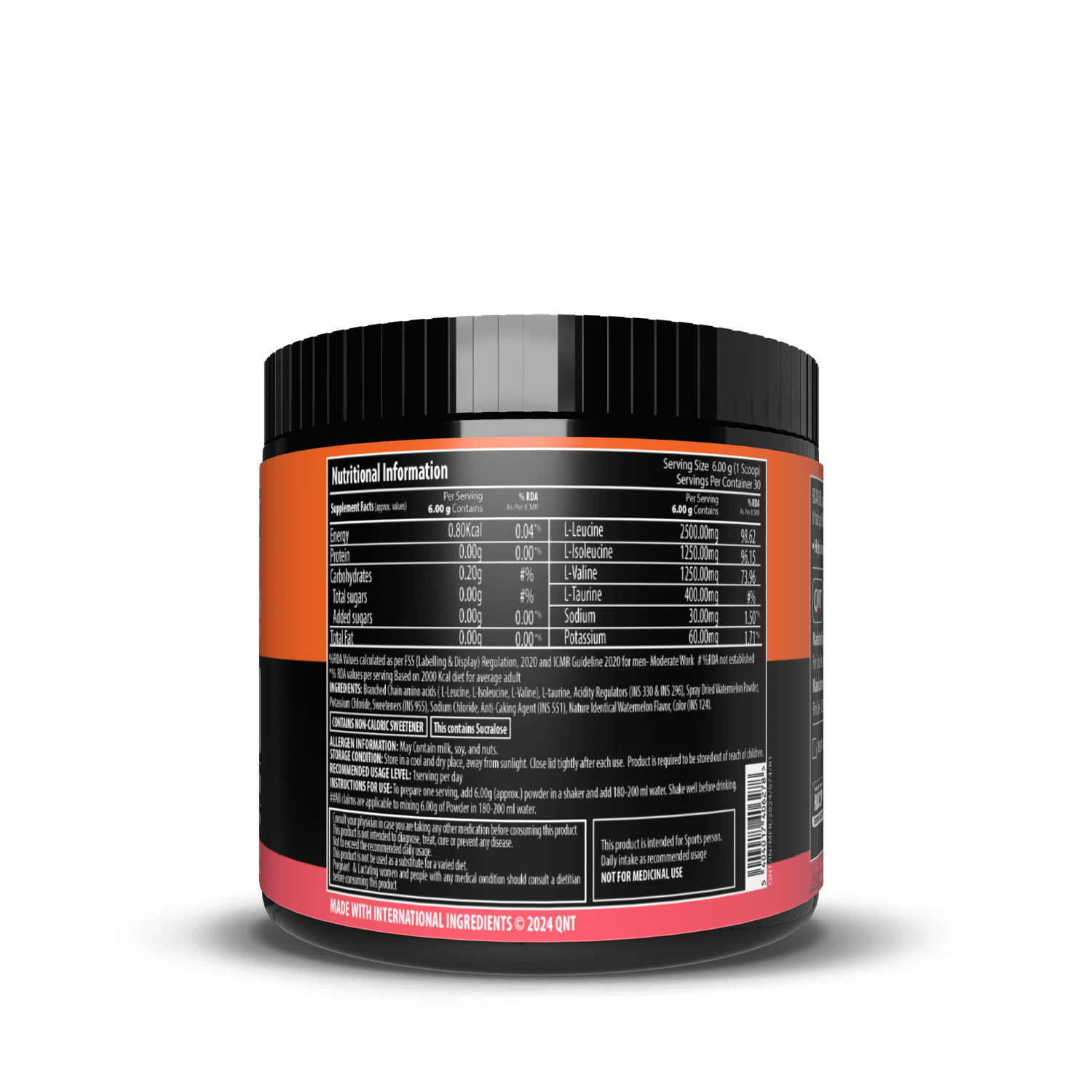 Supplement container with nutritional information label on a black background