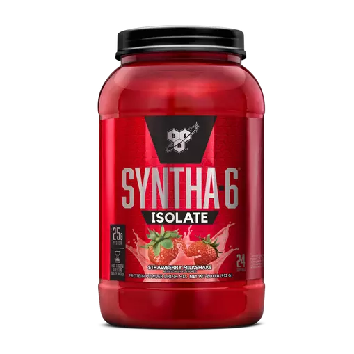 Red protein powder container labeled 'Syntha 6 Isolate' with strawberry flavor on a white background