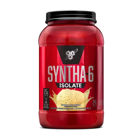 Red container of Syntha-6 Isolate protein powder with a white background