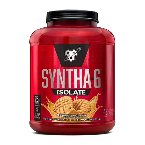 Red container of Syntha-6 Isolate protein powder with a black lid on a white background
