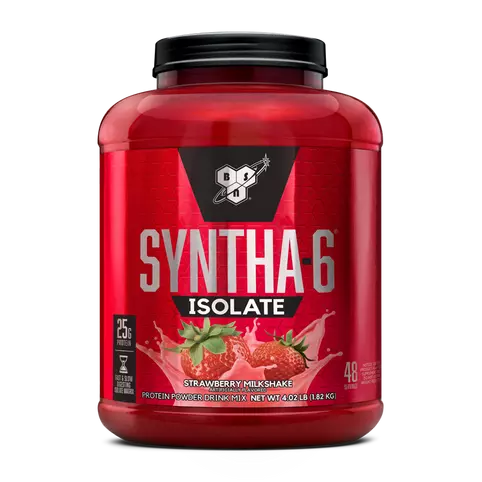 Red container of Syntha-6 Isolate protein powder with strawberry milkshake flavor on a white background