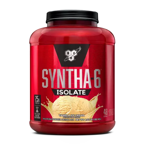 Red container of Syntha-6 Isolate protein powder with vanilla ice cream flavor on a white background