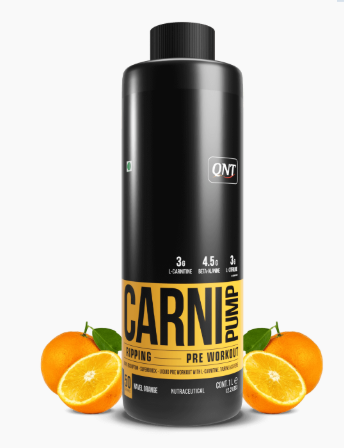 Black and yellow pre-workout supplement bottle with oranges on a white background