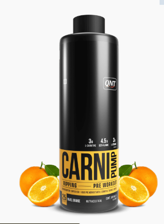 Pre-workout supplement bottle with oranges on a white background