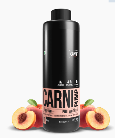 Black and pink pre-workout supplement bottle with peaches on a white background