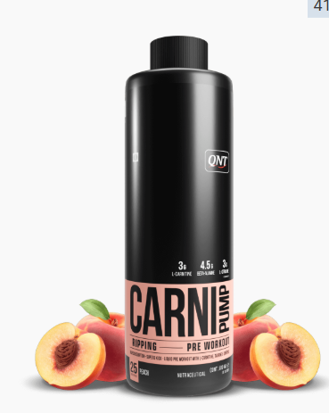 Black pre-workout supplement bottle with peaches on a white background