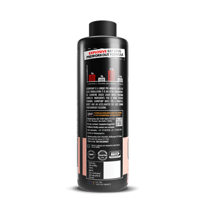 Black supplement bottle with a detailed label on a white background