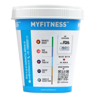MyFitness protein powder container with certification and feature details on a white background