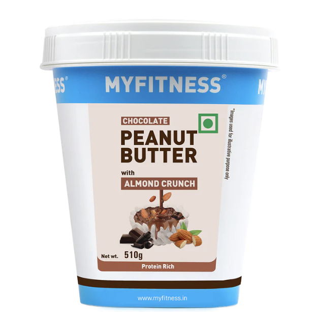 Container of MyFitness Chocolate Peanut Butter with Almond Crunch on a white background