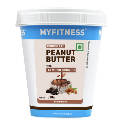 Container of MyFitness Chocolate Peanut Butter with Almond Crunch on a white background