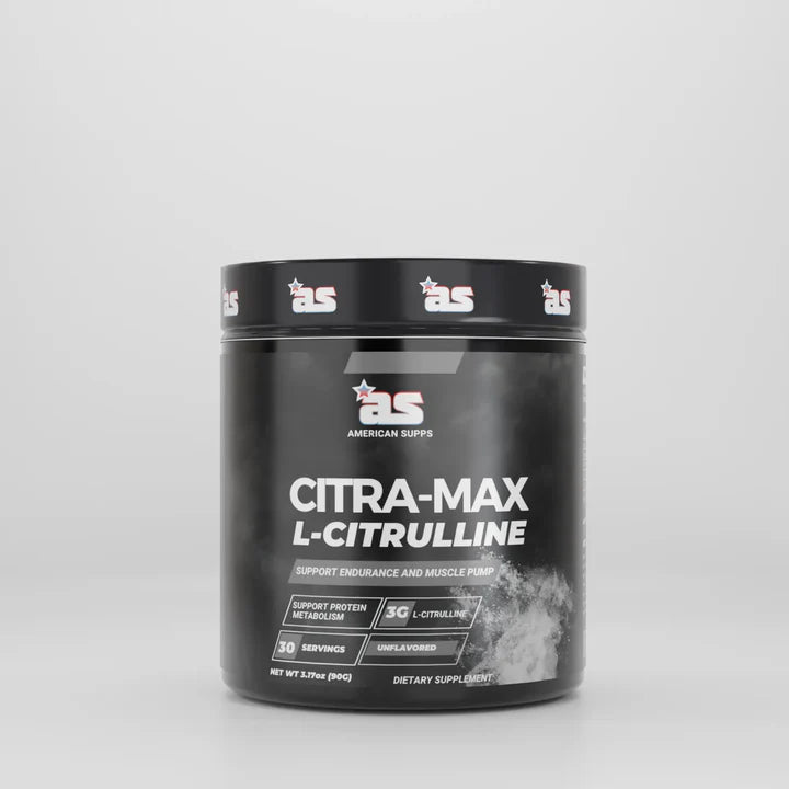 Supplement container labeled 'Citra-Max L-Citrulline' by American Supps on a gray background