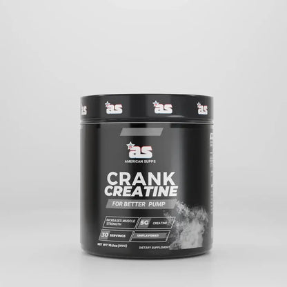 Black supplement container labeled 'Crank Creatine' by American Supps on a light gray background