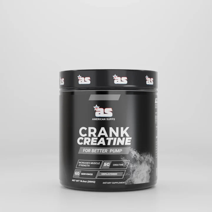 Black supplement container labeled 'Crank Creatine' by American Supps on a light gray background