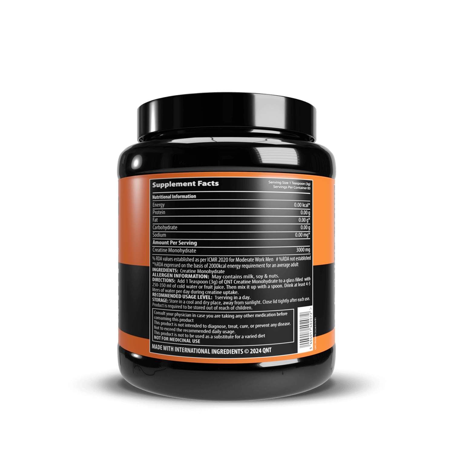 Black supplement container with orange label on a black background