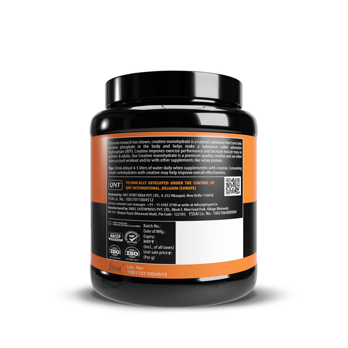 Black supplement container with orange and white label on a black background