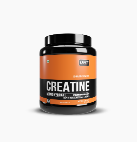 QNT Creatine Monohydrate supplement container on a white background