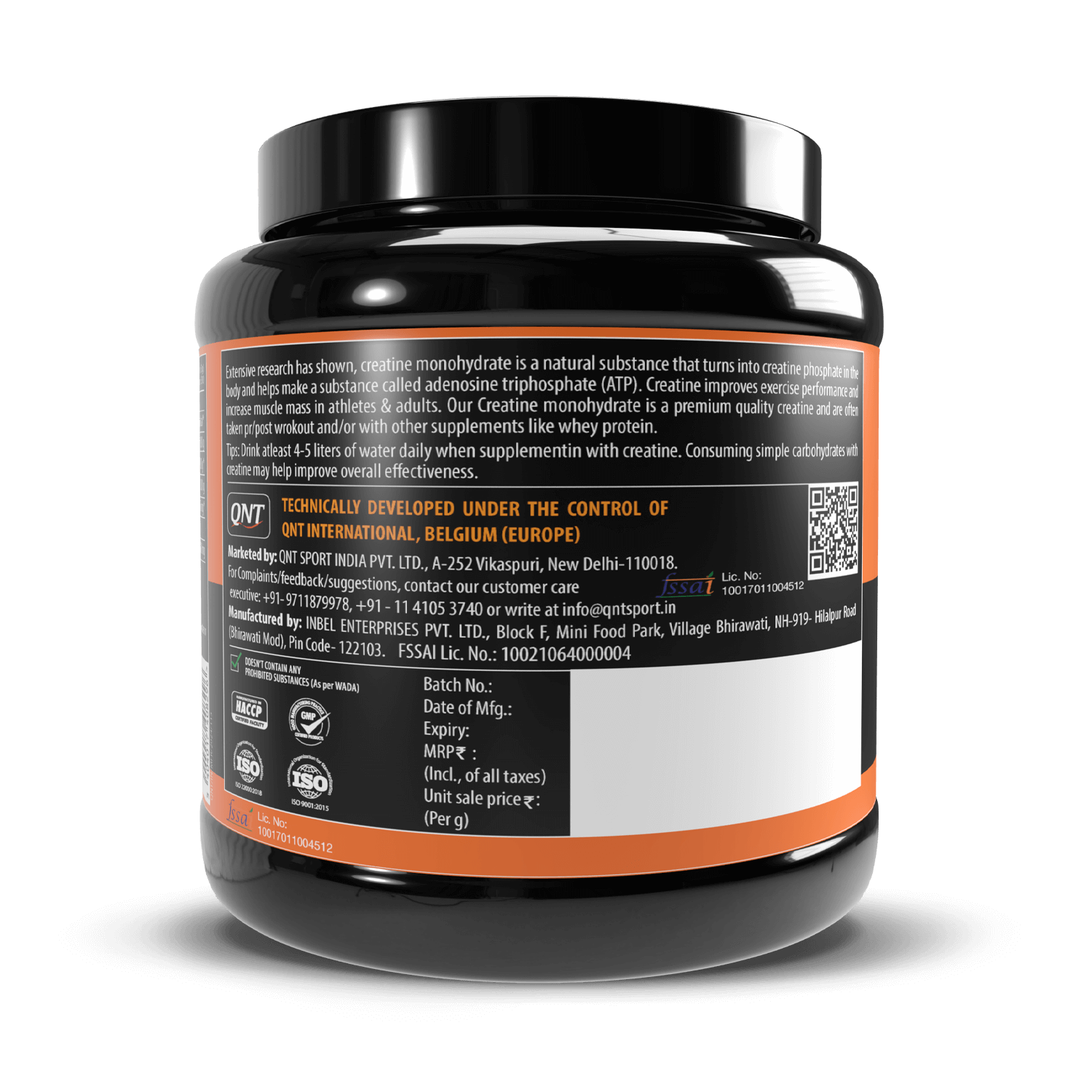 Black supplement container with a detailed label on a black background