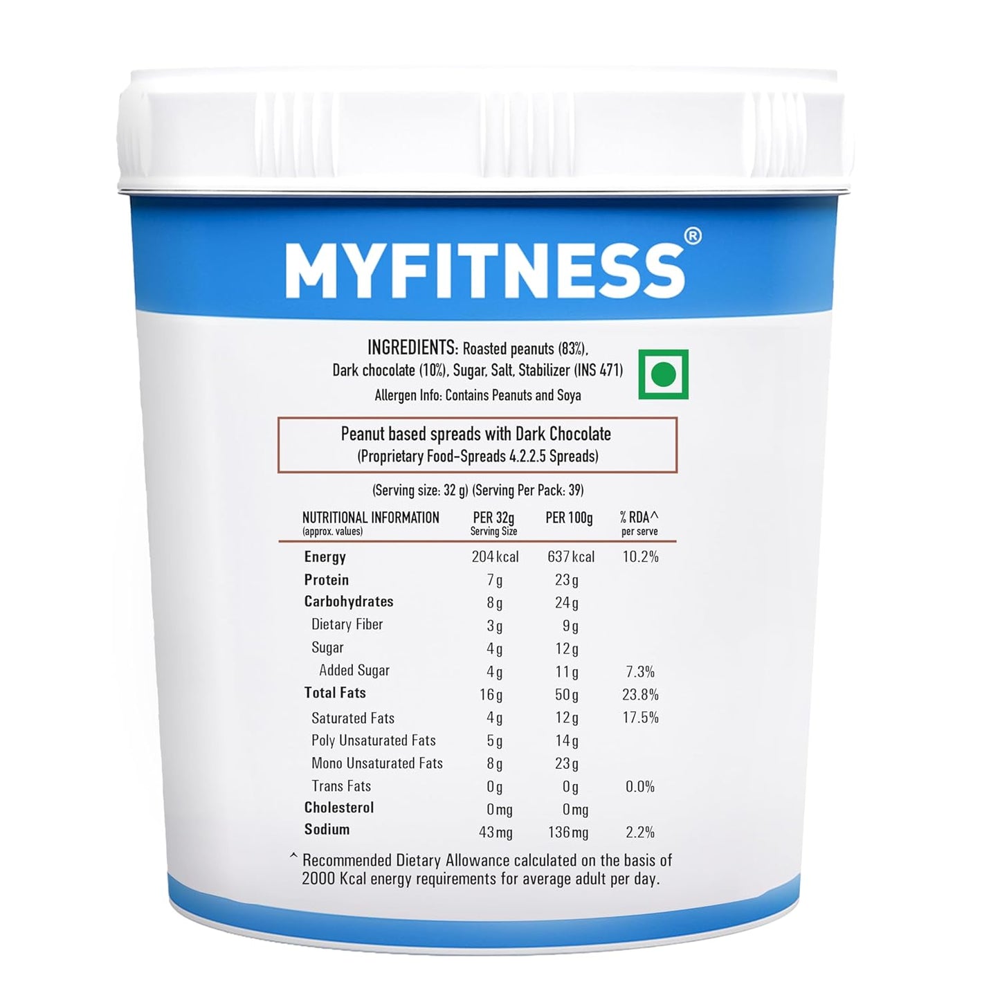 MYFITNESS product container with nutritional information on a white background
