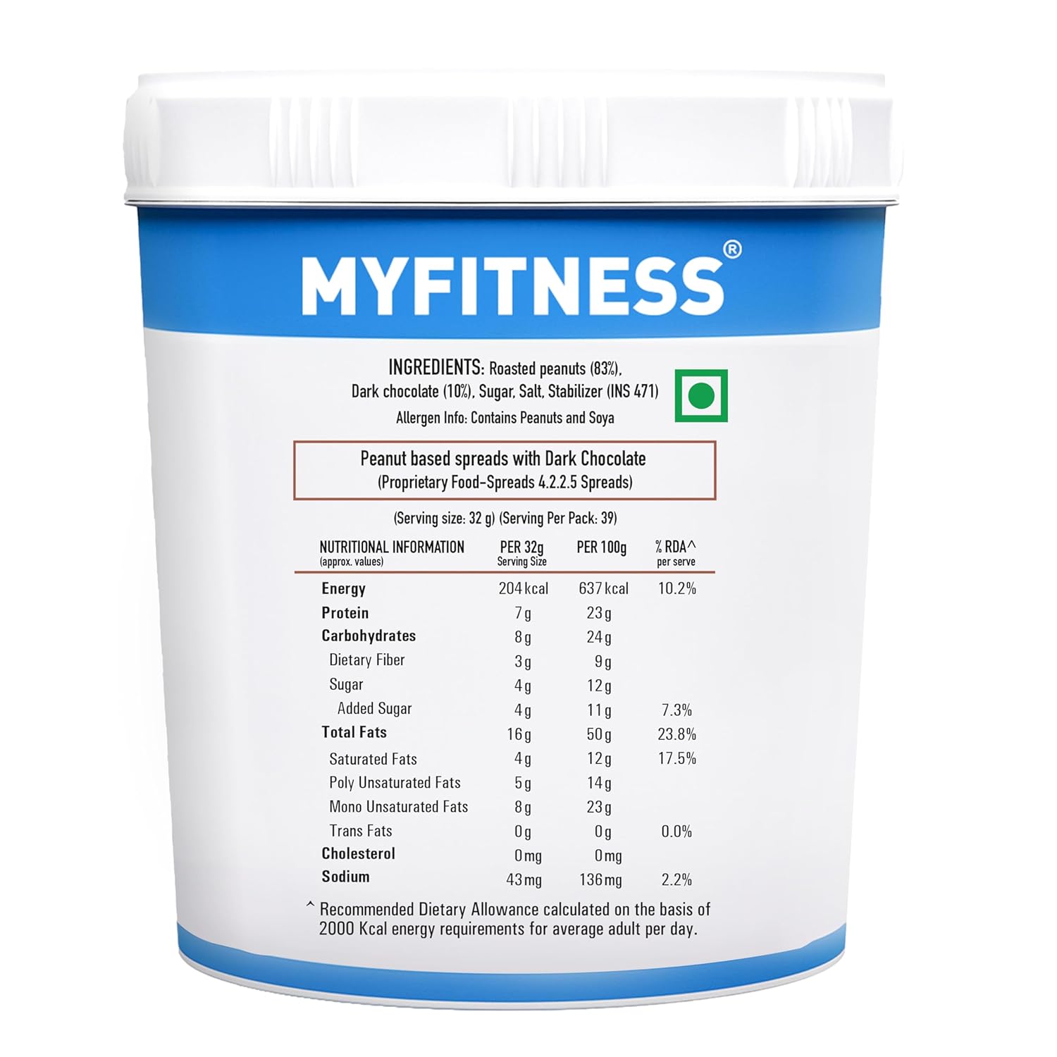 MYFITNESS product container with nutritional information on a white background
