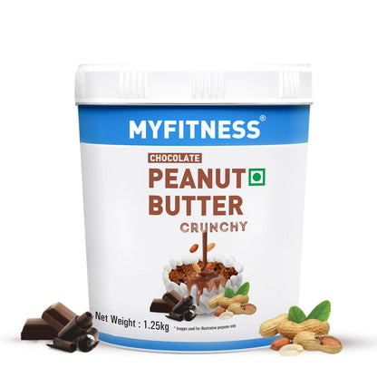 MyFitness Chocolate Peanut Butter Crunchy container with chocolate pieces and peanuts on a white background