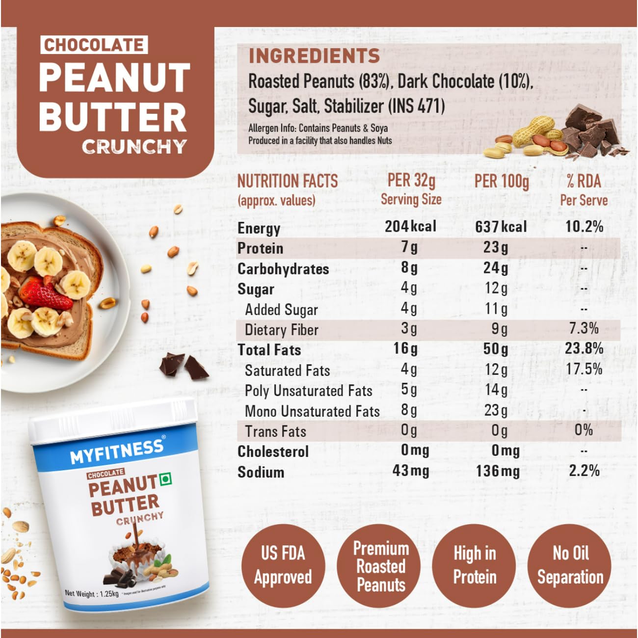Product packaging of chocolate peanut butter crunchy with ingredients, nutrition facts, and branding details.