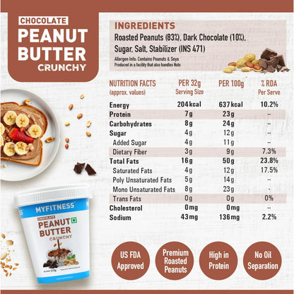 Chocolate Peanut Butter Crunchy snack packaging with nutritional information and ingredients list.