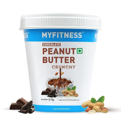 MyFitness Chocolate Peanut Butter Crunchy container with chocolate pieces and peanuts on a white background