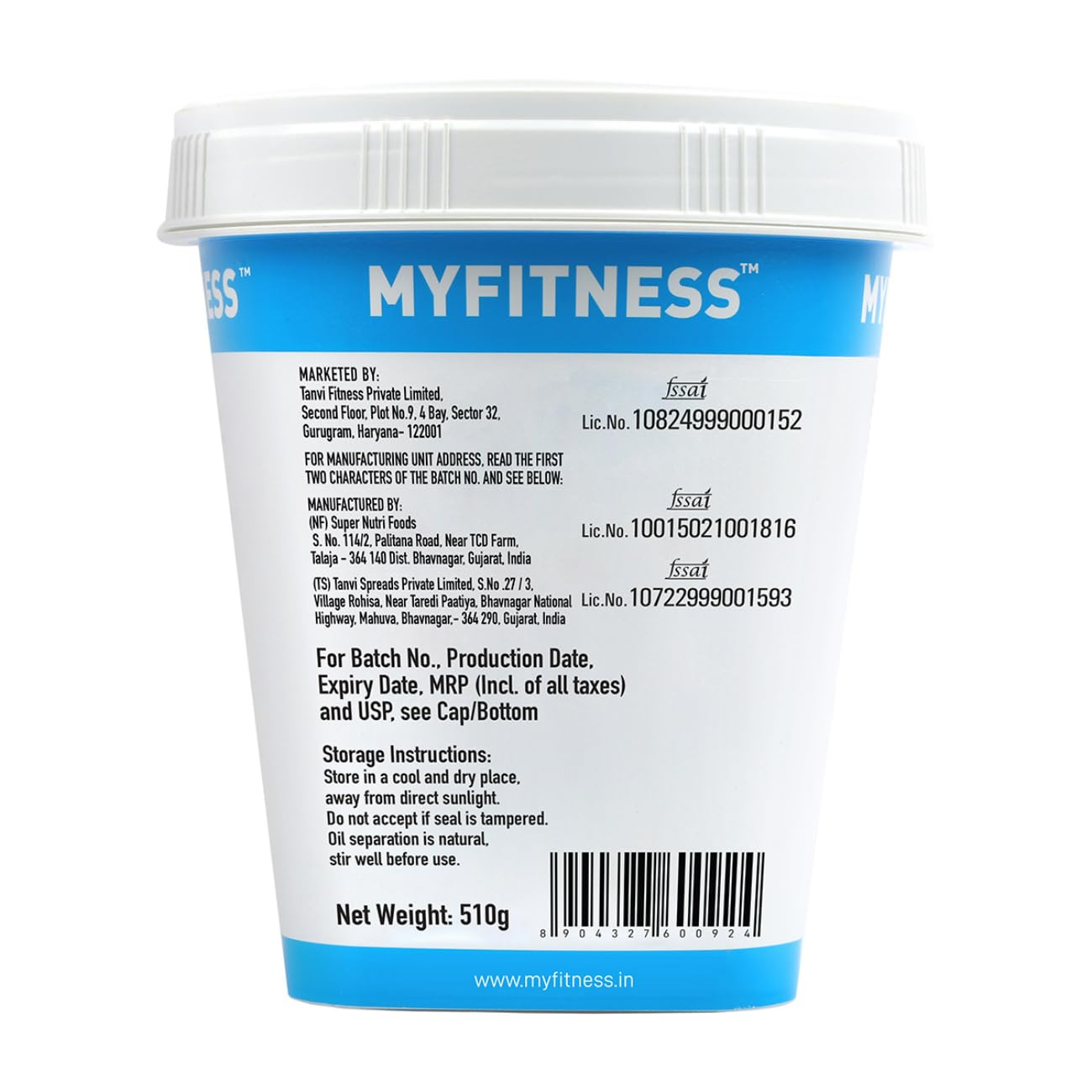 Back view of a MyFitness protein powder container with branding and product details.